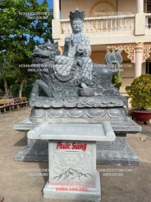 Tượng Phật Địa Tạng Cưỡi Linh Thú Đề Thính Bằng Đá 05